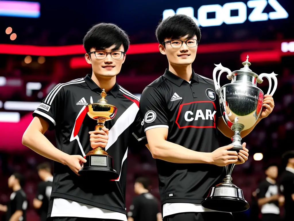 Image of Faker, a professional League of Legends player, holding a trophy and celebrating his success with his team