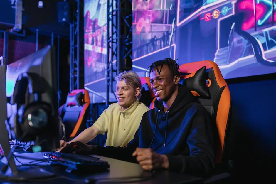 An image of two e-sports players sitting in front of computers, intensely focused on their screens, with colorful lights surrounding them.