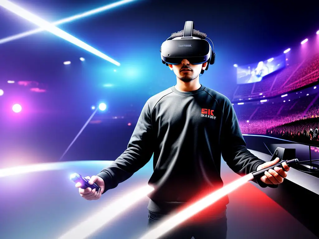 Illustration of a person wearing a VR headset and holding a gaming controller, immersed in a virtual world of e-sports.